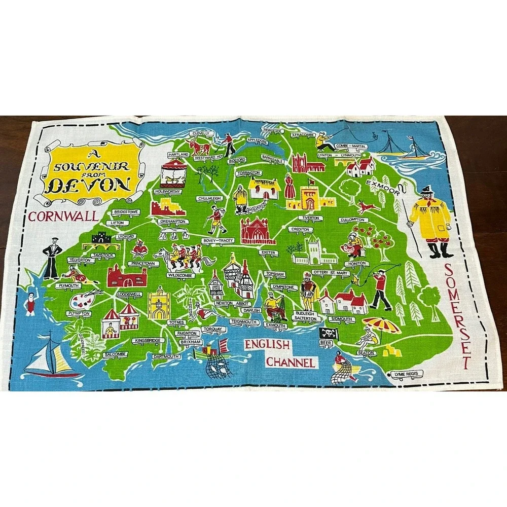 Vintage Souvenir from Devon English Map Linen Tea Towel Wall Hanging